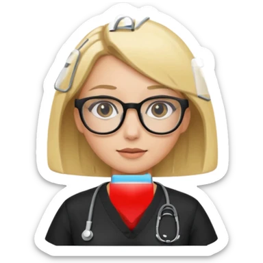 A girl in black scrubs with a blonde bob and glasses sticker