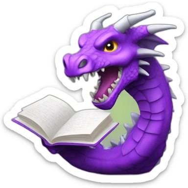 purple dragon head holding book with "RIP" title sticker