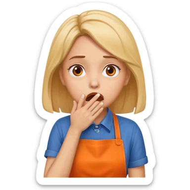 scared woman with her hands on her mouth, more details, sideways pose, orange apron sticker