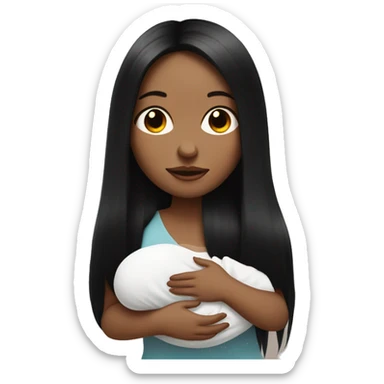 Pale girl with long black hair is holding a pale newborn baby sticker