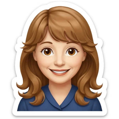 60 yr old woman, small brown eyes, long wavy light brown hair, bangs,  sticker