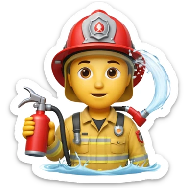 A 3D Apple-style yellow emoji character dressed as a firefighter in a bright red uniform and helmet, holding a fire hose spraying water forward, determined expression with cartoonish eyes, water splashing effect, clean minimal background sticker