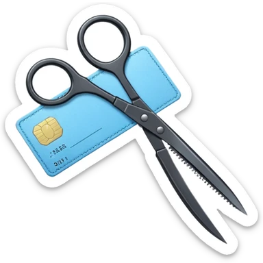 Floating black Scissors cutting a light blue military ID card in 2 parts .hyper realistic sticker