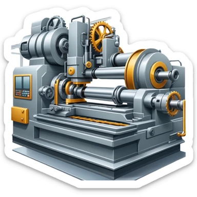 An icon featuring a giant machine tool in a factory, manufacturing machines. The design includes gears, mechanical parts, and a production line, representing the art of mechanical engineering and industrial design. Transparent background highlights precision engineering and manufacturing processes. sticker