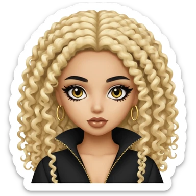 Fair Saudi beauty, pretty bratz baddie, black eyeliner, curly long split dye black and blonde hair sticker