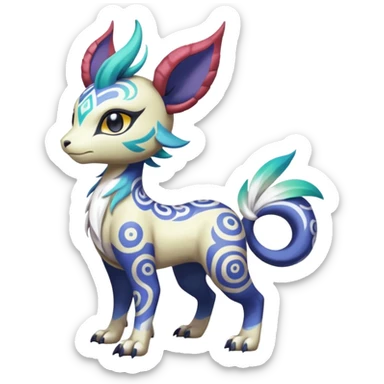 Tropical Tiny Marked Patterned Tribal Colorful Skilled Adept Graceful Asian Painted Garurumon-Meloetta-Absol-Suicune-Cobalion-fusion-hybrid-creature (full body) sticker