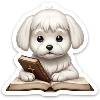White Maltese with his head leaned on a Bible  sticker