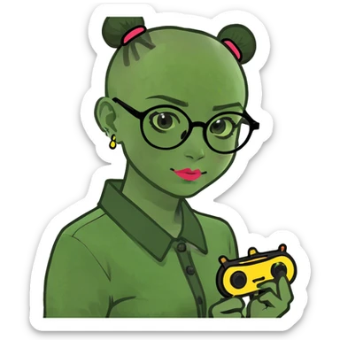 create a half Japanese girlie with glasses holding buzzers and part of her head shaved. She has concepts of a psychotic break. sticker