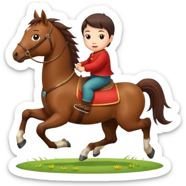 l little chinese baby riding on a  cute horse running really fast on the grass with 2026 year's label sticker