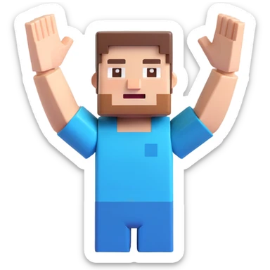 Minecraft Steve jumping, arms up, blocky pixelated look, happy face, 3D emoji style sticker