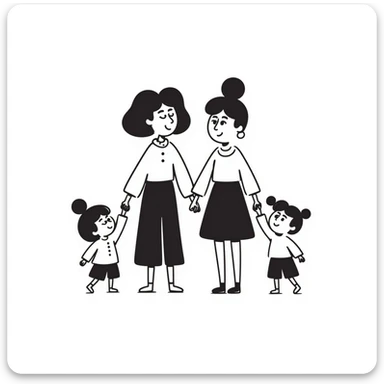black doodle illustration of two mothers holding hands with toddlers, minimal, happy family sticker