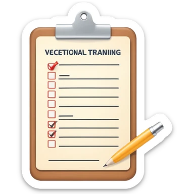 A flat-style illustration of a clipboard with a checklist, symbolizing vocational training. Clean, simple, cartoon style, white background, iOS emoji aesthetic. sticker