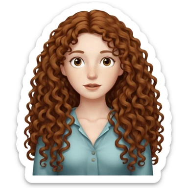 pale woman with brown curly very long hair, middle part. the hair is very long, waist length, but you can't see her waist sticker