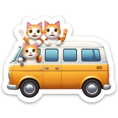 two cartoon cats in a van waving out the window at a small house in the background sticker