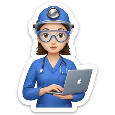 i need a brunette young woman in blue scrubs with brown eyes fair skin with safety goggles on and a laptop for research sticker