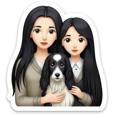 A girl with long black hair walks a black and white Afghan hound sticker