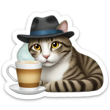 Cat with a hat drinking coffee sticker