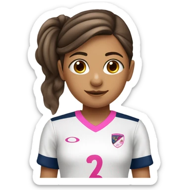 Una niña de 12 años con uniforme de fútbol con coleta alta cabello castaño y zapatos de fútbol rosados sticker