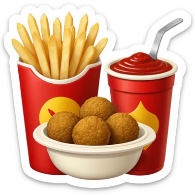 falafel and fries, with two containers with  red sauce and white sauce  sticker
