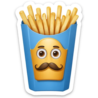 long slim crispy fries in a blue carton, carton has eyes and mustache sticker