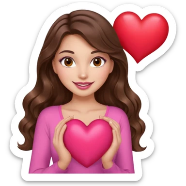 girl with long wavy brown hair, brown eyes, long lashes makeup, sexy pink lips, light to medium complexion, wearing a pink sexy top, smiling, holding a big heart sticker