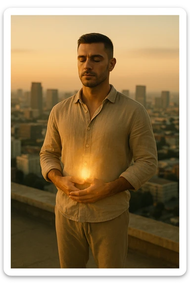 A cinematic portrait of a calm and composed man in his mid-30s, with light stubble and a defined jawline, standing alone on a rooftop at sunrise overlooking a quiet modern city. He’s wearing minimalist, earth-toned clothing — a linen shirt loosely buttoned, neutral joggers, barefoot. His hands rest gently over his abdomen in a meditative posture, eyes half-closed, reflecting clarity and focus. The early morning light bathes his face and body in soft gold, symbolizing renewal and healing. Around him, the city is still asleep, with only faint traces of life below. The air feels clean and silent. Subtle glow effects radiate gently from his chest and abdomen, suggesting internal regeneration. 35mm film style, shallow depth of field, realistic human textures and cinematic color grading with warm and natural tones. sticker