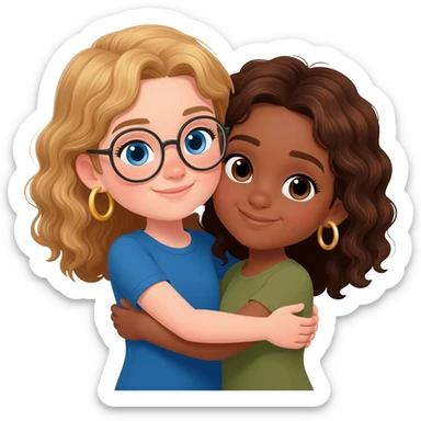 tan girl with blond wavy hair blue eyes no glasses age 10 gold hoop earrings wearing a blue top with an olive skin girl with brown wavy hair no glasses small gold hoop earrings hugging each other sticker