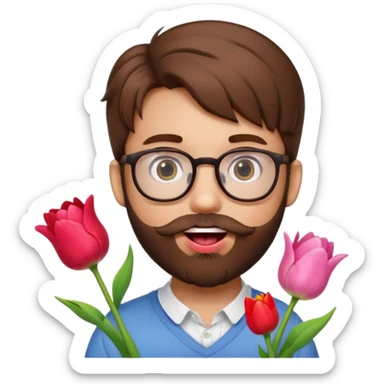 Brown hair guy and a heart shaped eyes with his tongue out with a beard and glasses with a hello kitty and a tulip in his hand   sticker