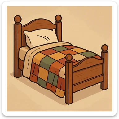 a classic wooden bed with a quilt, warm and traditional look sticker