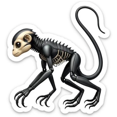 A monkey with Xenomorph features, elongated head, black exoskeleton, and biomechanical appearance sticker
