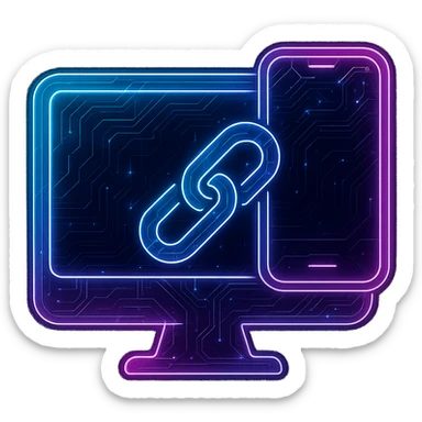 Create a 'PC phone link' icon in a cyberpunk, holographic style with glowing neon blue and pink edges, circuit patterns throughout, and a transparent background. The icon should feature a stylized computer monitor and a smartphone connected by a glowing, futuristic link or chain, all in a flat, clean, and futuristic cyberpunk look. The design should be visually balanced and clearly communicate the concept of linking a PC and a phone, matching the style of the previous cyberpunk icons. sticker
