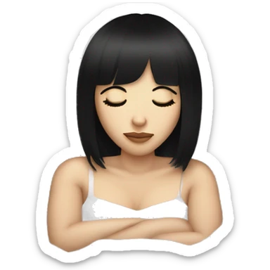 Woman pale skin black hair with bangs sleeping in bed with pillow, white woman sticker