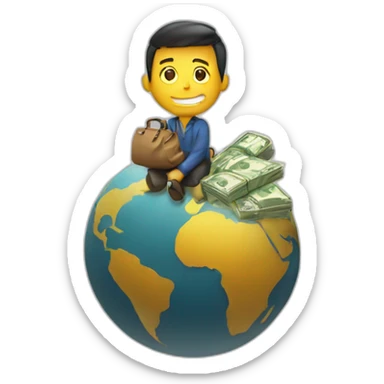 man sitting on globe with money bag sticker