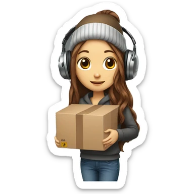 skinny young lady, long brown hair with beanie and big headphones holding a box sticker