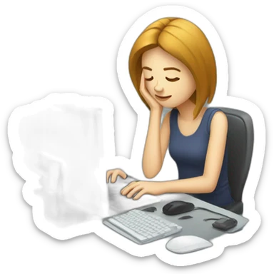 exhausted woman programmer with computer sticker