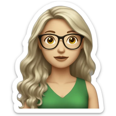 A white Girl with glasses,Brown long hair, grenn dress sticker