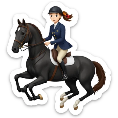 Lady brown hair ponytail show jumping black horse sticker