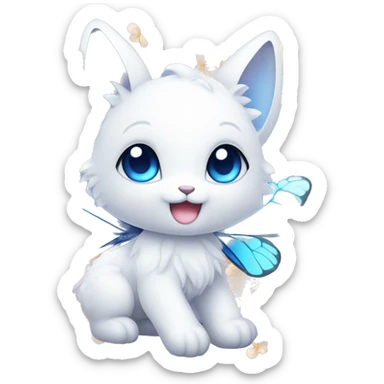 Edgy Cute Cool Kawaii gorgeous sparkly ethereal white fantasy animal with blue eyes sona with flowers and butterflies sticker