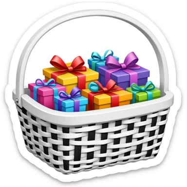  white small gift basket with small gifts inside and only 3 gifts the gift basket color white and black sticker