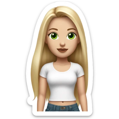 Realistic White girl with Long straight blonde hair, green eyes, tattoos, full body wearing white crop top and jeans, holding pink handbag sticker