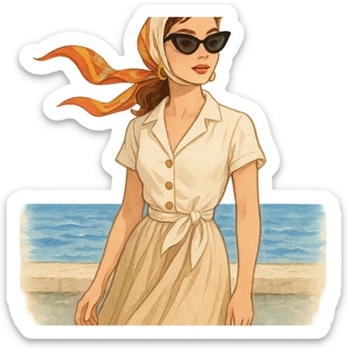 Riviera-inspired girl with scarf, sunglasses, breezy outfit, standing by the sea sticker