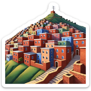 Urban Peruvian hillside neighborhood, brick houses stacked on steep hills, unfinished red brick buildings, colorful painted facades, narrow stairways, electric cables crossing the sky, sunset lighting, realistic style, cinematic, high detail in the desert sticker