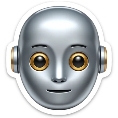 A cute futuristic robot emoji made of silver chrome, rounded friendly body, minimal facial features, glossy metallic surface, soft reflections, iOS emoji style, centered, clean white background sticker