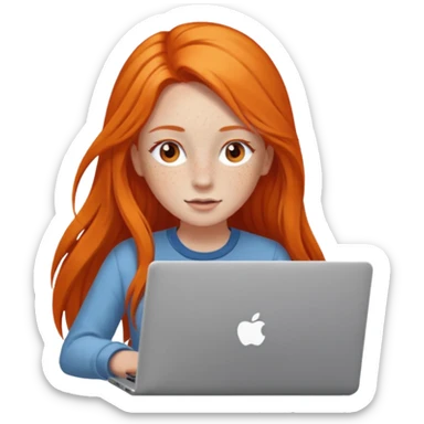 a girl who has a long orange hair is using a laptop sticker
