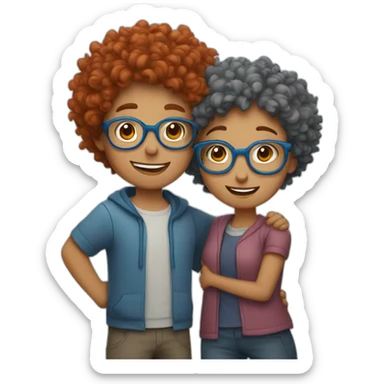 a girl with red curly hair and blue glasses hugging a boy with gray hair sticker