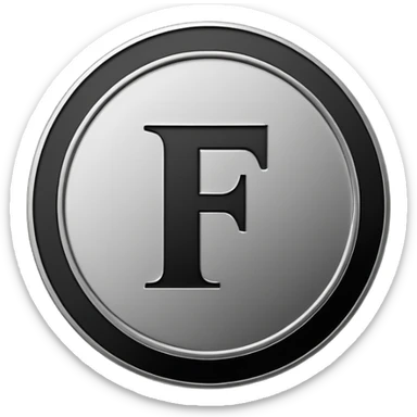 Emoji icon of a metal coin with engraved letter F, minimalist style, isolated, only black color sticker