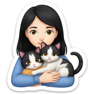 A black-haired girl hugging a cat sticker