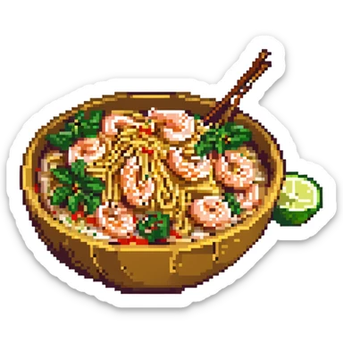pixel art style pad thai, noodles with shrimp and lime, vibrant and simple sticker