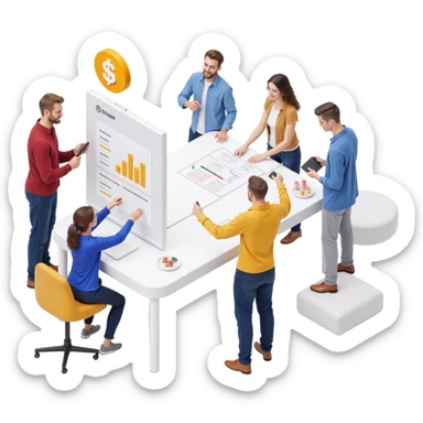 a diverse team sketching ideas on a whiteboard, skeuomorphism style sticker