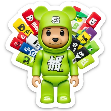 bearbrick toy with cubic head wearing a lime green balaclava covered in multiple street brand logos like Supreme, Nike, Adidas, Off-White in graffiti style, chaotic and adventurous logo placement, expressive eyebrows sticker
